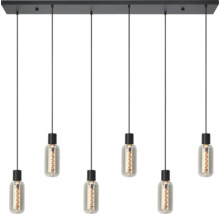 Zeslichts hanglamp met zwarte fittingen en cilindrische glazen lampen aan een rechthoekige plafondbevestiging.