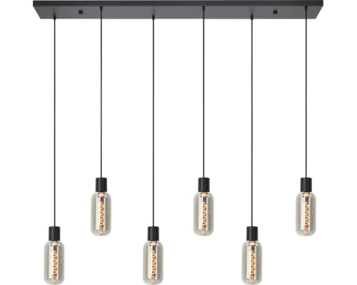 Zeslichts hanglamp met zwarte fittingen en cilindrische glazen lampen aan een rechthoekige plafondbevestiging.