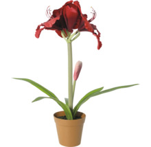 Kunstamaryllis in pot met rode bloem en groene bladeren.