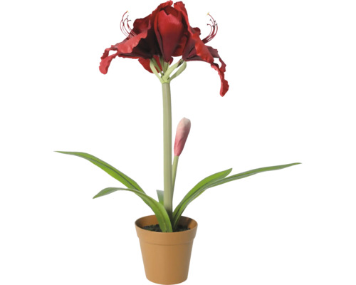 Kunstamaryllis in pot met rode bloem en groene bladeren.