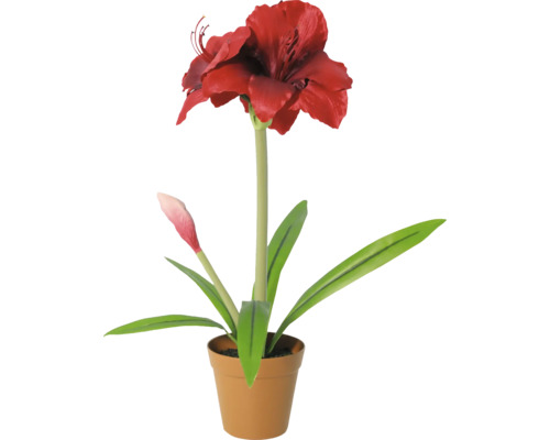 Kunstamaryllis in pot met rode bloem, knop en groene bladeren.