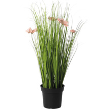 Kunstgras met Cosmos bloemen in een zwarte pot