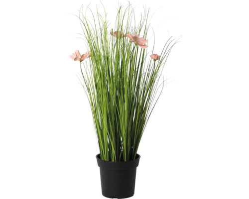 Kunstgras met Cosmos bloemen in een zwarte pot