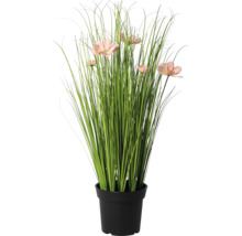 Kunstgrasplant met roze bloemen in zwarte pot.