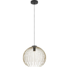 Hanglamp met een ronde kooikap van zandkleurige metalen staven, een zwarte kabel en een zwarte plafondbevestiging.
