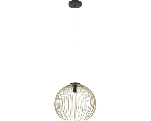 Hanglamp met een ronde kooikap van zandkleurige metalen staven, een zwarte kabel en een zwarte plafondbevestiging.