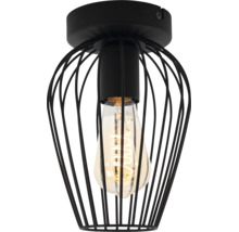 Zwarte plafondlamp in industrieel design van metaal met draadkap en LED-lamp met spiraalfilament.