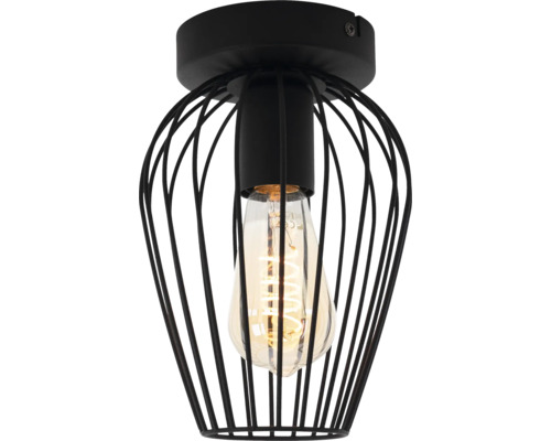 Zwarte plafondlamp in industrieel design van metaal met draadkap en LED-lamp met spiraalfilament.