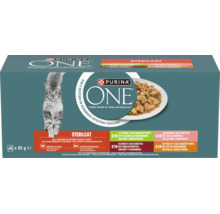 Purina ONE Sterilcat natvoer voor gesteriliseerde katten, 40 porties van 85 gram, verschillende smaken in saus, Purina ONE Logo.