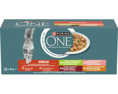Purina ONE Sterilcat natvoer voor gesteriliseerde katten, 40 porties van 85 gram, verschillende smaken in saus, Purina ONE Logo.