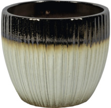 Ronde bloempot van keramiek met verticaal ribbelpatroon en tweekleurig glanzend glazuur.