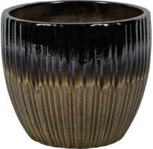 Ronde keramische plantenpot met verticale ribbels en kleurverloop van zwart naar bruin.