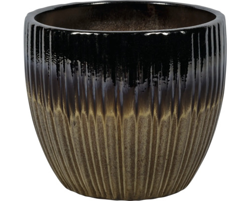 Ronde keramische plantenpot met verticale ribbels en kleurverloop van zwart naar bruin.