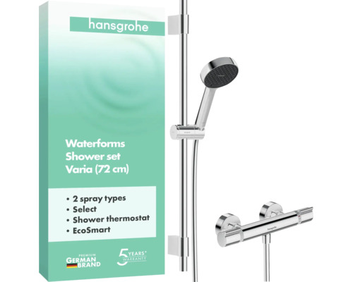 Hansgrohe doucheset Waterforms Varia, glijstang 72 centimeter, handdouche, thermostaat, Hansgrohe Logo, vijf jaar garantie, Duits merk.