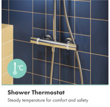 Hansgrohe douchethermostaat van chroom aan een betegelde muur met temperatuurregelaar voor constante watertemperatuur en veiligheid.