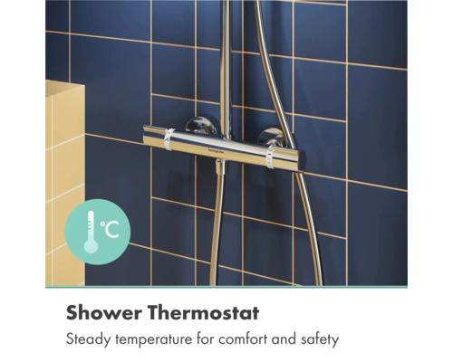 Hansgrohe douchethermostaat van chroom aan een betegelde muur met temperatuurregelaar voor constante watertemperatuur en veiligheid.