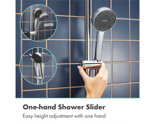 Handdouche op een verchroomde glijstang met éénhands hoogteverstelling. Inzetstukken tonen kantel- en draaifuncties van de houder.