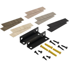 Montageset bestaande uit zwarte metalen hoekprofielen, fineerstrips in verschillende houtlooks, gele pluggen en zwarte schroeven.