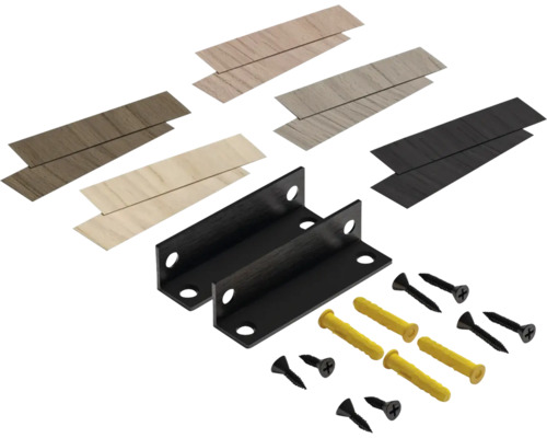 Montageset bestaande uit zwarte metalen hoekprofielen, fineerstrips in verschillende houtlooks, gele pluggen en zwarte schroeven.