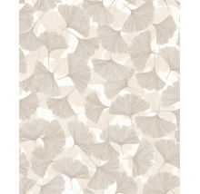 Vliesbehang met ginkgobladpatroon.