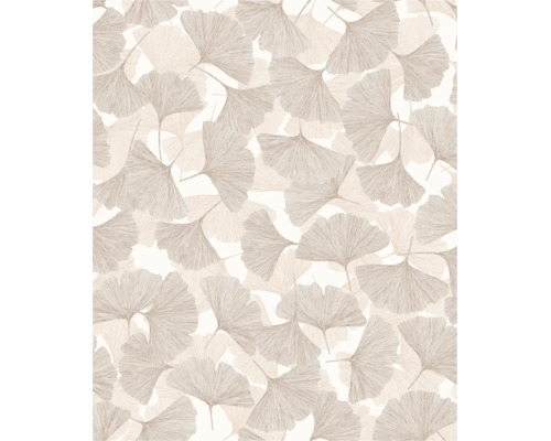 Vliesbehang met ginkgobladpatroon.