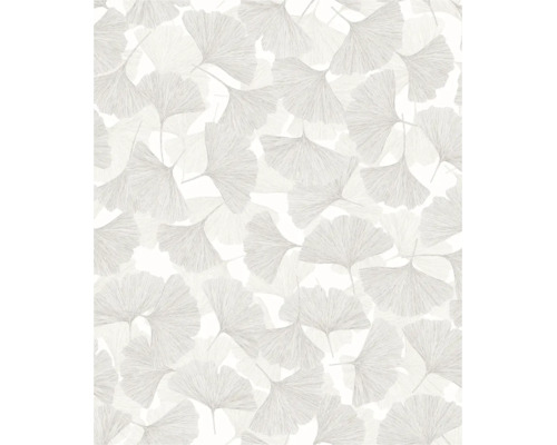 Vliesbehang met ginkgoblad-patroon, fijn getekende bladstructuren, overlappend design.