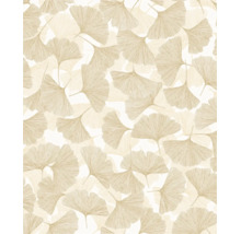 Vliesbehang met ginkgobladmotief in beigetinten, waaiervormige bladeren voor een natuurlijke wandinrichting.