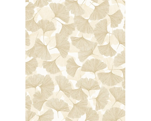 Vliesbehang met ginkgobladmotief in beigetinten, waaiervormige bladeren voor een natuurlijke wandinrichting.