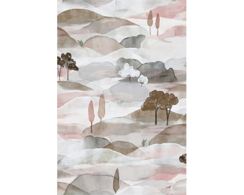 Fotobehang met abstract landschapsmotief van aquarellen heuvels en diverse gestileerde bomen.