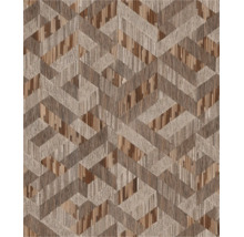 Vliesbehang met geometrisch patroon, driedimensionaal effect, houtlook en geweven textuur.