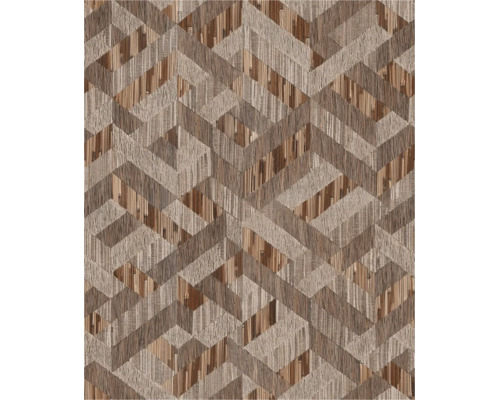 Vliesbehang met geometrisch patroon, driedimensionaal effect, houtlook en geweven textuur.