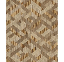 Behang met geometrisch patroon van getextureerde stroken in ruit- en visgraatmotief, houtlook en vlechtwerk.