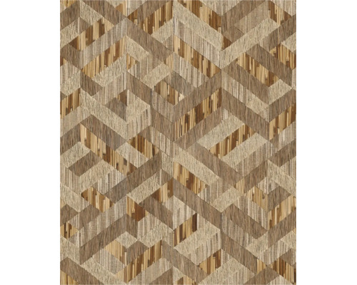 Behang met geometrisch patroon van getextureerde stroken in ruit- en visgraatmotief, houtlook en vlechtwerk.