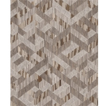 Behang met geometrisch chevronpatroon en geweven textuur in natuurlijke optiek.