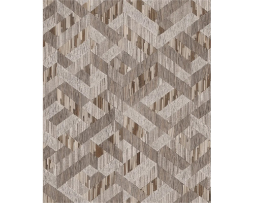 Behang met geometrisch chevronpatroon en geweven textuur in natuurlijke optiek.