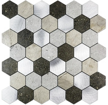 Mozaïektegel hexagon van natuursteen en aluminium met steenstructuur en metaalstructuur voor wand en vloer.