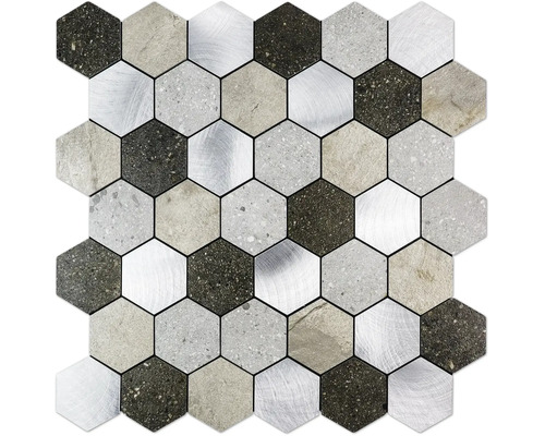 Mozaïektegel hexagon van natuursteen en aluminium met steenstructuur en metaalstructuur voor wand en vloer.