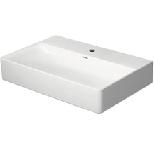 Witte rechthoekige opzetwastafel van Duravit van sanitairkeramiek met één kraangat.