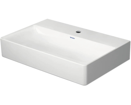 Witte rechthoekige opzetwastafel van Duravit van sanitairkeramiek met één kraangat.