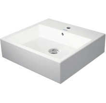 Witte vierkante opzetwastafel van keramiek met kraangat en overloop van Duravit.