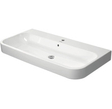 Rechthoekige meubelwastafel van wit keramiek met kraangat en overloop van Duravit.