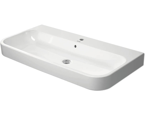 Rechthoekige meubelwastafel van wit keramiek met kraangat en overloop van Duravit.