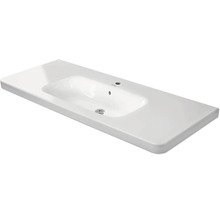 Duravit meubelwastafel van wit keramiek, rechthoekig, met één kraangat en overloop.