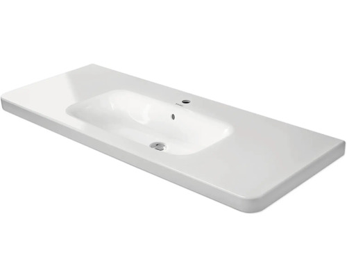 Duravit meubelwastafel van wit keramiek, rechthoekig, met één kraangat en overloop.