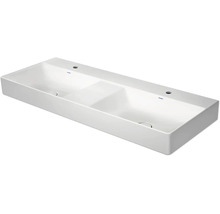 Duravit dubbele wastafel van sanitairkeramiek in rechthoekige vorm met twee kraangaten.