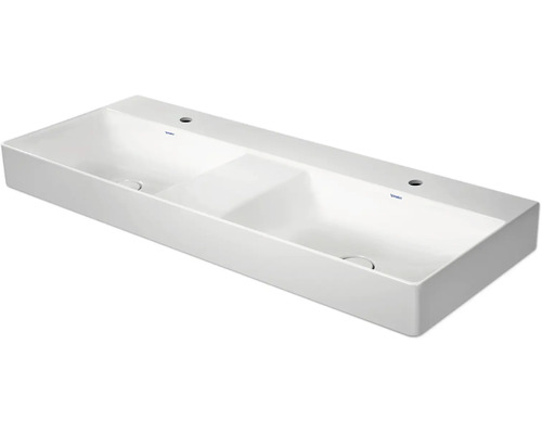 Duravit dubbele wastafel van sanitairkeramiek in rechthoekige vorm met twee kraangaten.