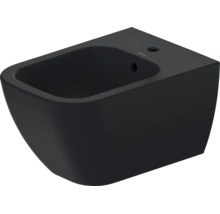 Wandbidet van zwart keramiek met een kraangat en overloop van Duravit.