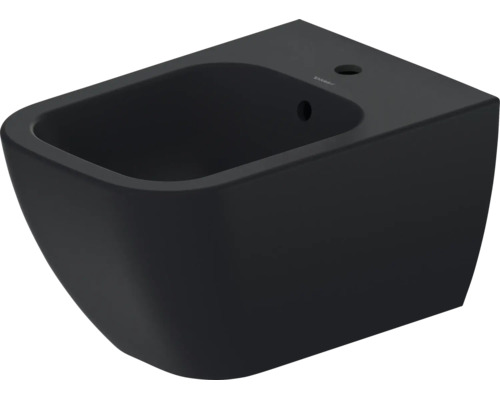 Wandbidet van zwart keramiek met een kraangat en overloop van Duravit.