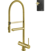 Selsiuz kokendwaterkraan in goudlook met hoge spiraaluitloop, extra uitloop, bijbehorende boiler en Selsiuz Logo.