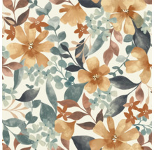 Behangpatroon met diverse bloemen en bladeren in artistieke aquarelstijl.